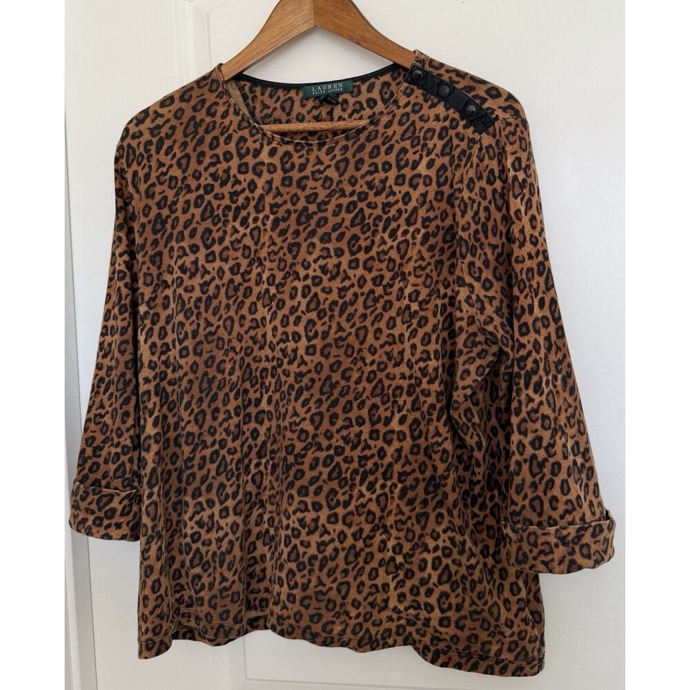 Lauren Ralph Lauren Womens Top 2X Brown Black Leopard Print 3/4 Sleeve Plus Size